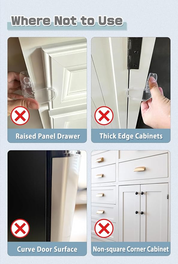 6-Pack Baby Proofing Lock For Drawer, Maveek Child Proof Locks For Corner Drawer Thinner Door Cabinet Kitchen Cupboard Dresser Fridge, Childproof Furniture Latch For 0-12 Month Infant (6 Clear)