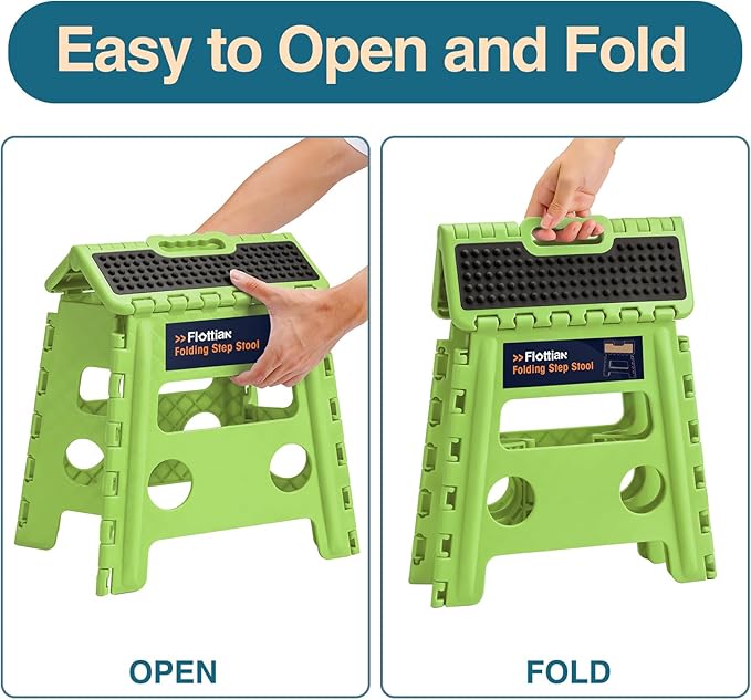 Flottian 13" Folding Step Stool for Adults and Kids Holds Up to 300 lbs,Non-Slip Folding Stools with Handle, Compact Plastic Foldable Step Stool for Bathroom,Bedroom, Kitchen,Grass Green,1PC