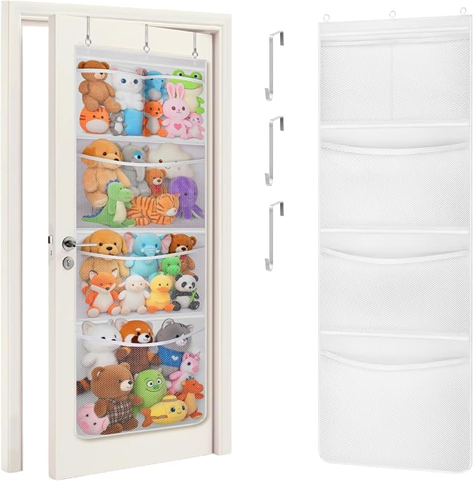 Lifewit Stuffed Animal Storage, Over the Door Organizer with 5 Expandable Mesh Pockets, Breathable Oxford Fabric Hanging Kid Baby Plush Toy Holder for Nursery, 167 cm (65.8'') High, White, 1 Pack
