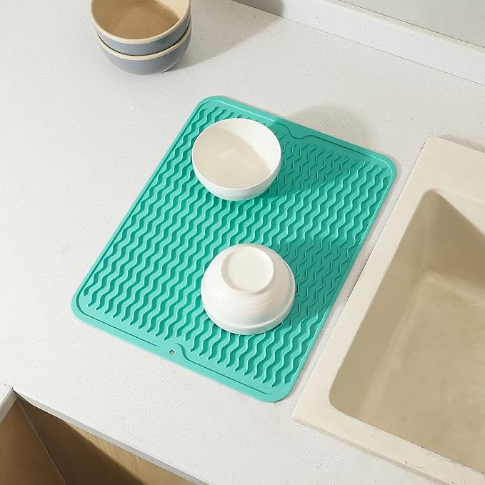 MicoYang Silicone Dish Drying Mat for Multiple Usage,Easy clean,Eco-friendly,Heat-resistant Silicone Mat for Kitchen Counter or Sink,Refrigerator or drawer liner Mint L 16 inches x 12 inches
