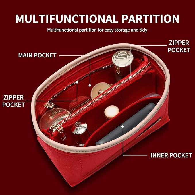 Doxo Purse Organizer Insert, Bag Organizer for Tote & Handbags, Bag in Bag, Perfect for LV Speedy 20, Alma BB, Petit Noe and More (Red,Small)