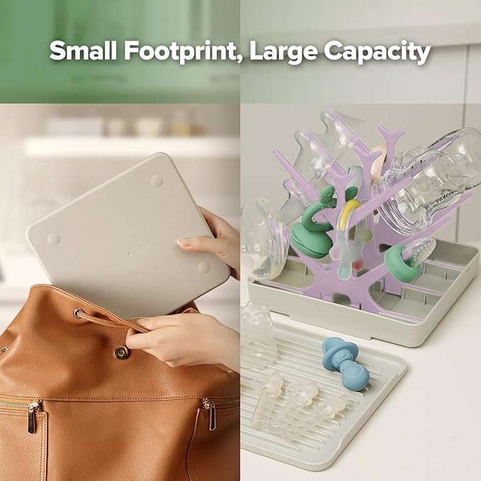 haakaa Portable Baby Bottle Drying Rack with Tray, Space Saving Bottle Drying Tree for Bottles/Pump Parts/Pacifiers,Easy-Store Dryer Rack Great for Home & Travel, BPA Free (Lavender)