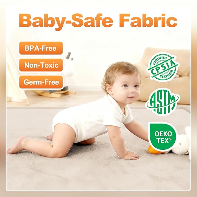 Ultra Soft Baby Play Mat for Floor, 59"×39" Playpen Mat, 1.3" Thick Memory Foam, Non-Slip Tummy Time Mat for Infants, Toddlers, and Kids – Water-Repellent Coral Velvet, Easy Care