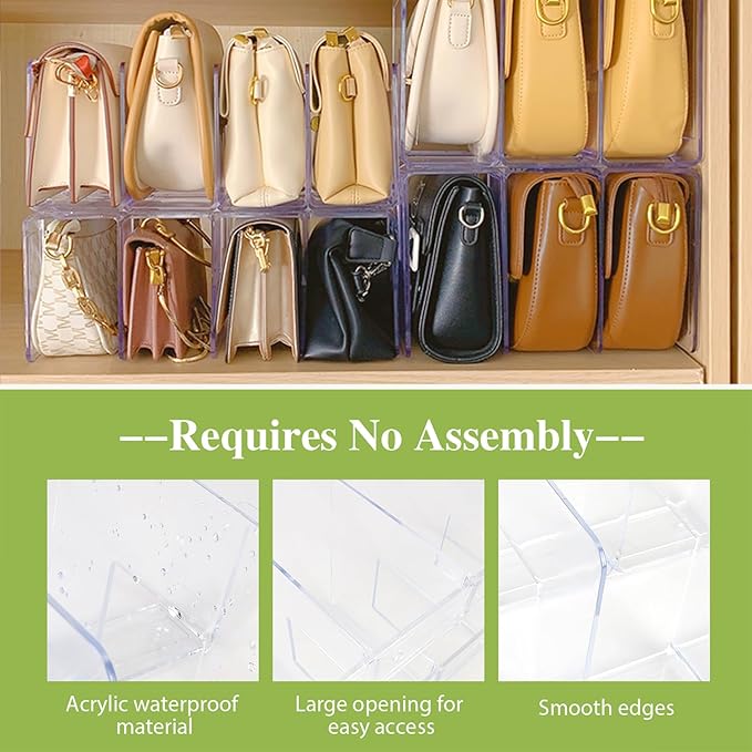 2 Pcs Purse Organizer for Closet, Acrylic Clear Purse Storage Organizers, Closet Organizers and Storage Purse Handbag Divider Holder, 4 Sections Purse Organizers Dividers in Bedroom Office (purple)