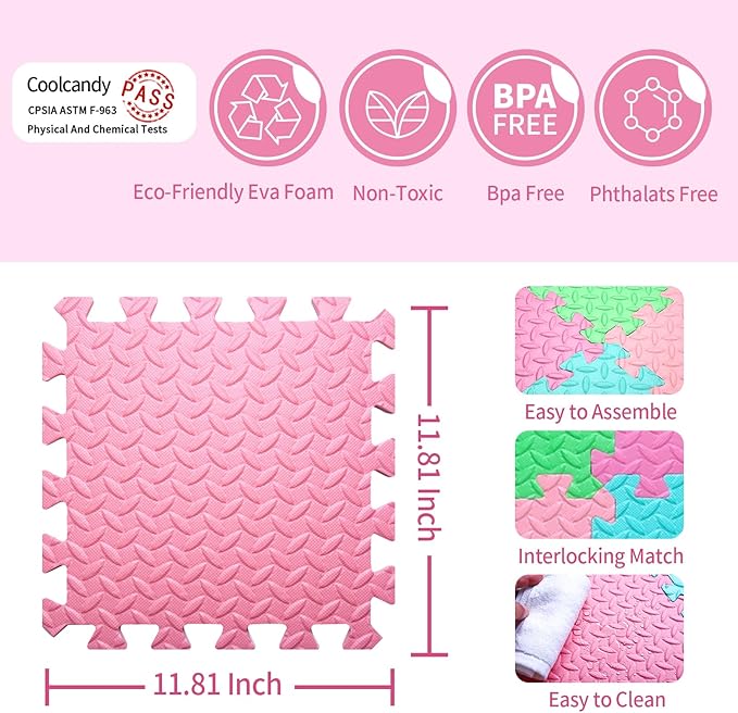 Coolcandy Baby Foam Play Mat 16Pcs with Edge Strips, 4 Colors Interlocking Floor Tiles, 0.4″ Thickened Non-Slip Puzzle Floor Mat for Infants Toddlers Playroom & Daycare