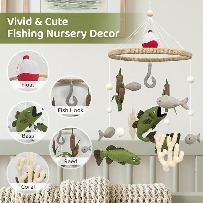 Baby Mobile for Crib Fishing Crib Mobile for Boys Handmade Vintage Hunting Nursery Decor for Infant Bedroom Hanging Rustic Lake House Decor Gone Fishing Party Decorations Baby Shower Gift