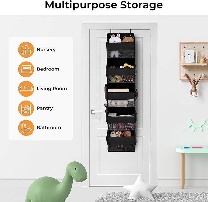 GRANNY SAYS Over The Door Organizer, 5-Shelf Waterproof Behind Door Storage with 8 Pockets and Clear Window, Anti Tilt 45bl Large Capacity Hanging Shelf for Baby Diapers, Toys Organizer, Black