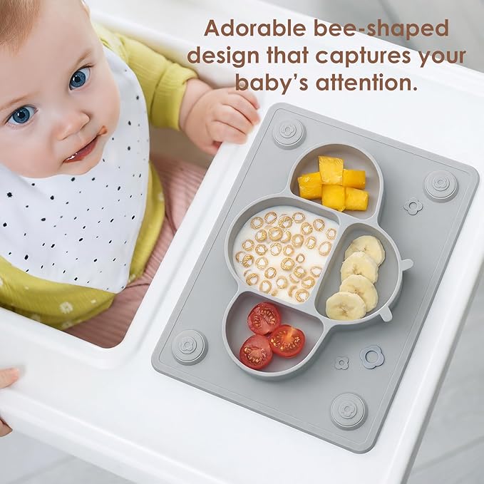 ROCCED Suction Plates for Baby Placemat Spoon Fork Set for Toddlers, Silicone Baby Plates with Suction Baby Dishes for Kids Plates-grey