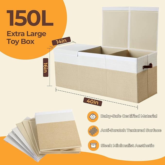 Uniency Extra Large Toy Box,150L Foldable Sturdy Toy Storage with Lid,40"x14"x16" Kids Storage Organizer, Toy Chest for Boys&Girls,for Living Room,Nursery,Bedroom,Playroom,Large Capacity Toybox(Beige)