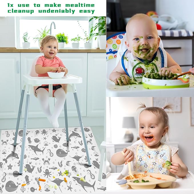 Drydiet 100 Pack 28"x47" Disposable Floor Splat Mats for Under High Chair with Animals Print, Waterproof Plastic Floor Mat Multipurpose Baby Led Weaning Supplies(Sea Animal)
