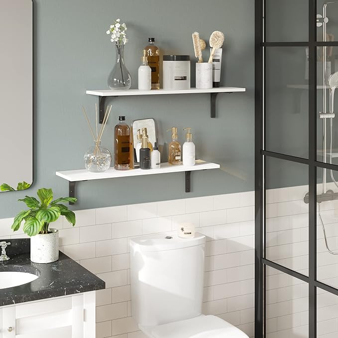 DINZI LVJ Long Wall Shelves, 31.5 x 7.9 x 6.1 Inches, Set of 2 White Floating Shelves, Easy-to-Install, Large Storage Ledges with Sturdy Metal Brackets for Living Room, Bathroom, Bedroom, Kitchen