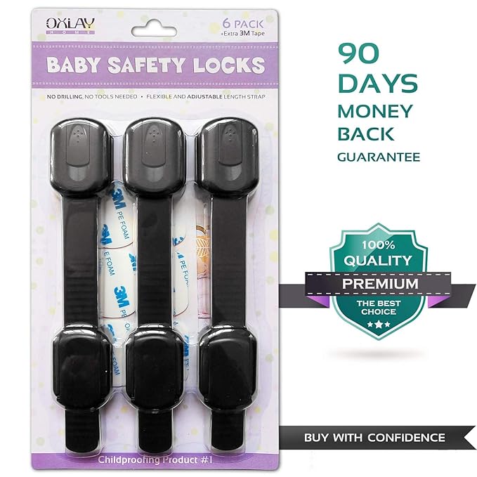 Baby Proofing Safety Cabinet Locks - Child Proof Latches for Dresser Drawer Cupboard Doors Closet Oven Refrigerator Fridge - Adjustable Childproof Straps by Oxlay - Black - 6 Pcs