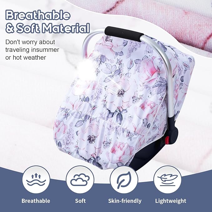 Car Seat Cover Baby, Infant Car Seat Cover with Mesh Window, Stretch Carseat Cover for Girls Boys, Soft Breathable Baby Carrier Cover for Stroller, Summer Carseat Canopy Sunshade Cover