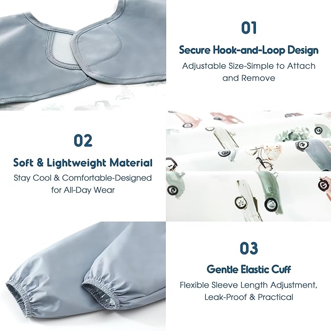 GRSSDER 2 Pack Long Sleeve Baby Feeding Bibs, Soft Waterproof Coverall Baby Led Weaning Bib with Large Food Catcher Pocket