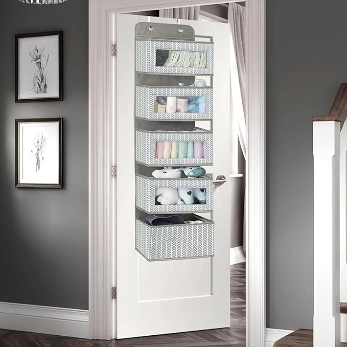 Over The Door Hanging Organizer with 5 Large Pockets - Wall Mount Pantry Storage with Clear PVC Window & 2 Big Metal Hooks for Closet,Bathroom,Nursery,Bedroom,Dorm,Baby Diapers,Kids Toys (Gray)