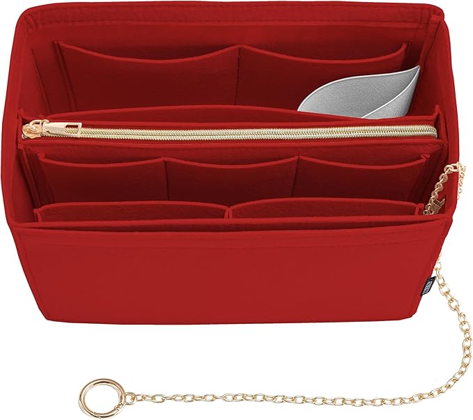 Purse Organizer Insert, Handbag Organizer with Zipper, Tote Shaper with Cup Holder & Keychain, Compatible with LV, Neverfull, MK, COACH, Longchamp, Kate Spade – Red-Lg