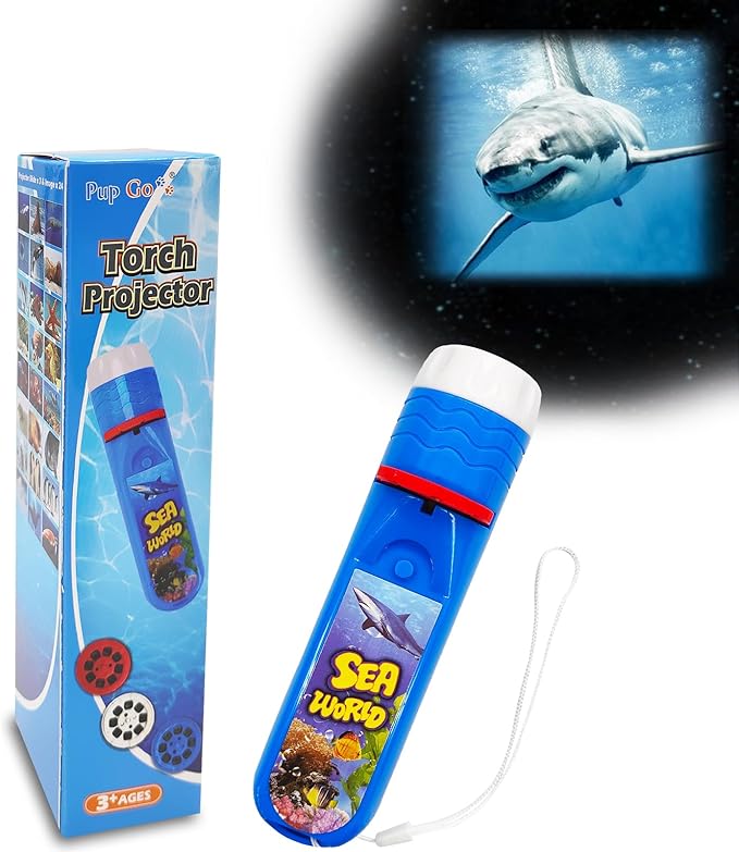 Pup Go Sea World Projector Flashlight for Kids Ages 3 4 5 6 7, with 3 Discs 24 Images, Sea Creatures Toys for Boys Girls, Shark Toy for Kid, Occean Night Light Projector, Shark Gifts Games for Kids