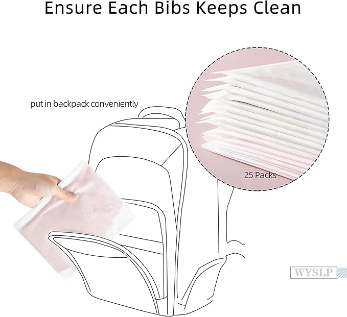 Baby Disposable Bibs Travel Feeding Bib 25pcs - Leakproof Liner, Food Catcher Pocket for 6-18 Months Babies Toddlers