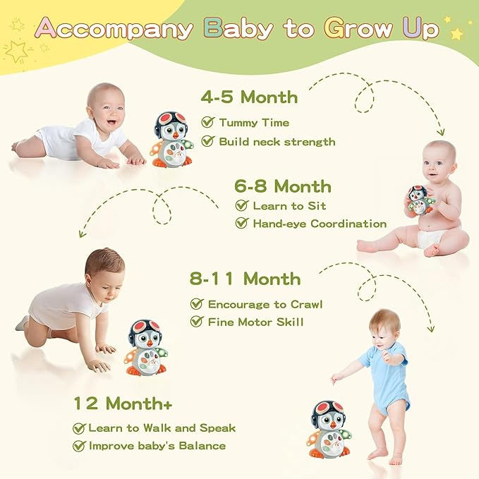 Penguin Crawling Toy for Babies 6-12 Months, Musical Light-up Toys for 1 Year Old, Toys for 6 Month Old Boy, Tummy Time 3-6 Months, Birthday Gifts for 3-18 Months Boys Girls, 1 Year Old Boy Girl Toys