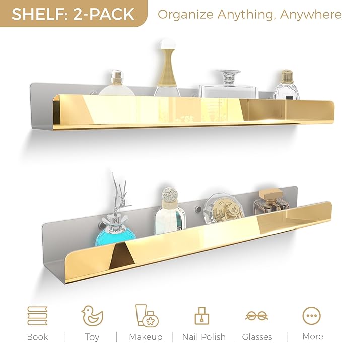 RORKIM 2 Pack 24 Inch Gold Reflective Acrylic Shelves, Gold Foating Shelves, Modern Sunglasses Essential Oil Picture Ledge Display Toy Storage Shelf
