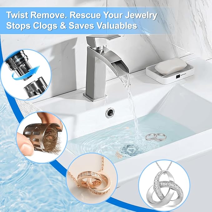 Bathroom Sink Stopper, Pop Up Drain for Bathroom Sink, Sink Plug Hair Catcher, Silent Popper Core with Removable Stainless Steel Filter Basket (Silver Polished, 2 Pack)