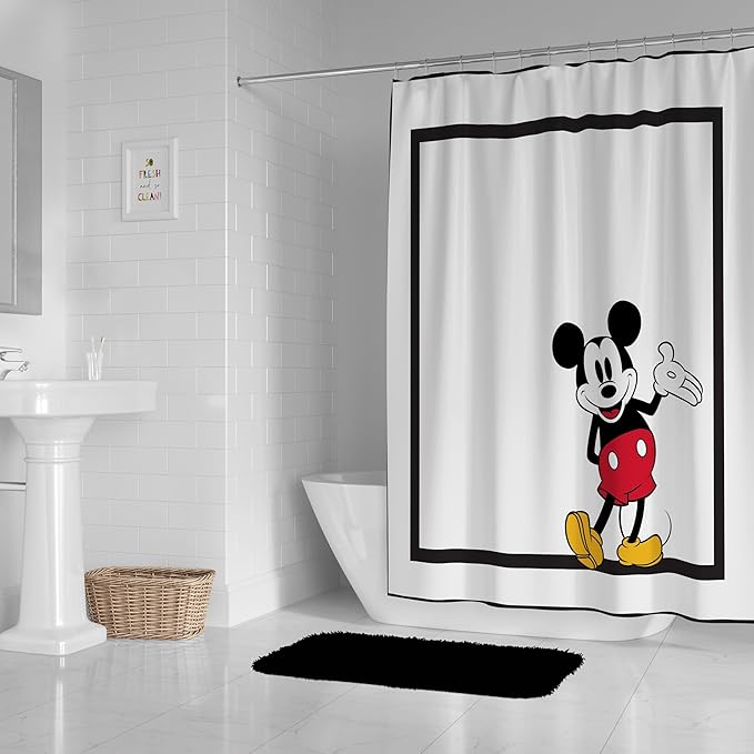 Jay Franco Disney Mickey Mouse Fabric Shower Curtain - Kids Classic Black and White Bathroom Décor