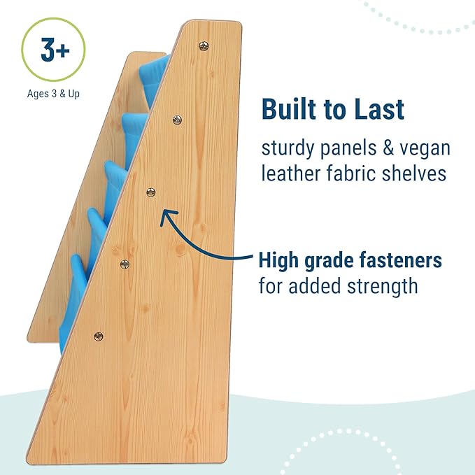 Wildkin Vegan Leather Sling Bookshelf for Kids – Premium Easy Clean Sling Canvas Design with 4 Fabric Shelves, Organizer for Home or Classroom - Natural w/Blue