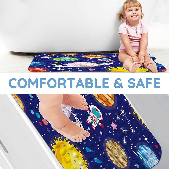 KINUUIS Bathtub Mats for Kids, Blue Outer Space Bath Mat for Tub Non Slip, 40 X 16 Inch Large Washable Bathtub Mat Non Slip for Showers with Drain Holes and Suction Cups