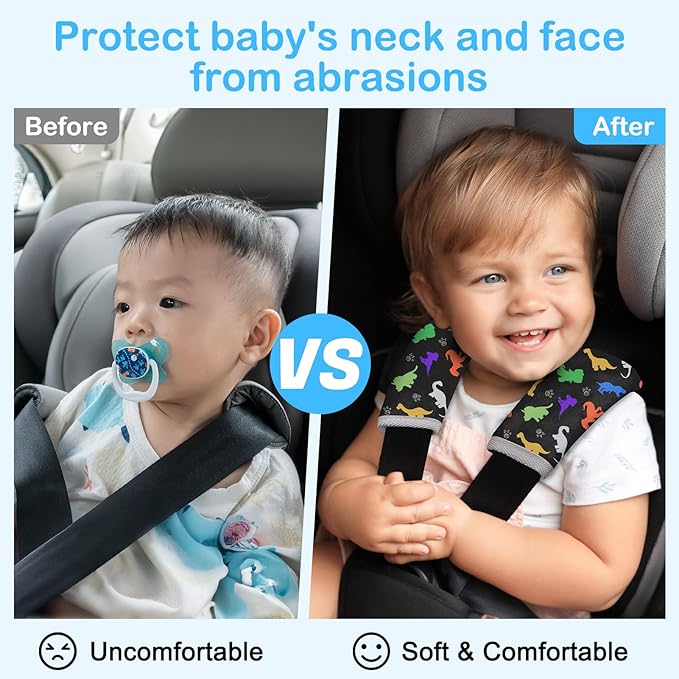 Seat Belt Cover Pad for Baby, Soft Seatbelt Cushion Covers for Kids 2Pcs Car Seat Strap Shoulder Pads for All Car Seats, Stroller, High Chair, Black Dinosaur