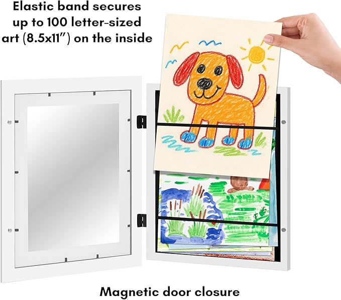 Americanflat Kids Artwork Frame Changeable (White) - Magnetic Door Holds 100 Art Pieces - 8.5x11 Letter Size Display with Mat or 10x12.5 Without Mat - My Mini Masterpiece