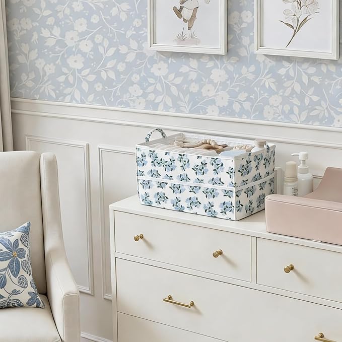 birowtec Floral Diaper Caddy Organizer with Removable Dividers Blue Flower Baby Nappy Caddy for Nursery/Car/Changing Table, Decorative Storage for Newborn Essentials Gift for New Mom