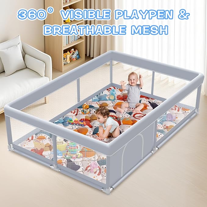 Baby Playpen with Mat, 65 x 50 Inch Play Pen Playards, Playpen for Babies and Toddlers, Baby Playard for Indoor & Outdoor Active Center Game Fence, Skin-Friendly Fabric and Soft Breathable Mesh
