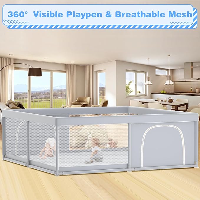Baby Playpen, 79 x 79 Inch Play Pen, Playpen for Babies and Toddlers, Baby Playard for Indoor & Outdoor Active Center Game Fence, with Skin-Friendly Fabric and Soft Breathable Mesh Grey