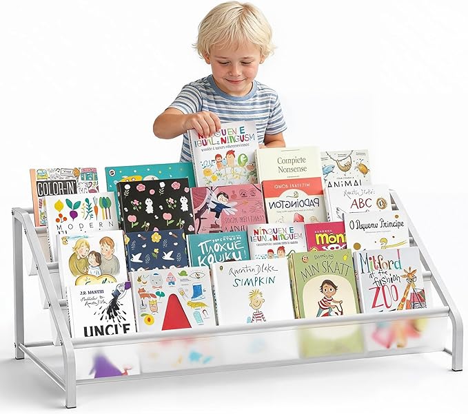4-Tier Toddler Bookshelf & Organizer - Sturdy Metal Book Rack for Kids Room - Montessori Front-Facing Display Stand, High-Capacity Transparent Storage for Nursery & Playroom, 32 Inch