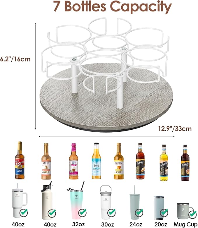 Rotating Coffee Syrup Organizer, 7 Bottles Coffee Syrup Rack for Countertop, Rotating Water Bottle Organizer for Stanley Simple Modern Owala Yeti, White