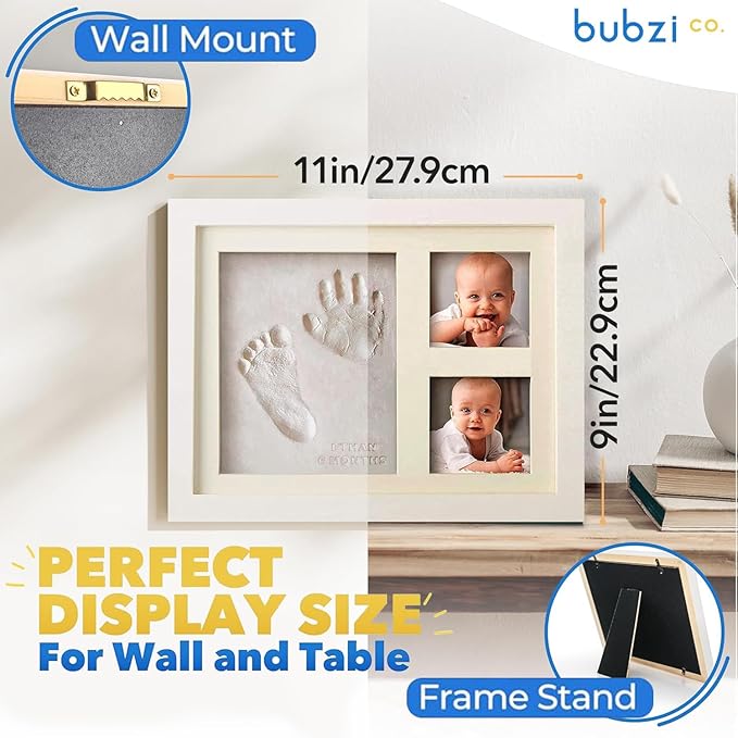 Bubzi Co Baby Hand & Footprint Kit, Clay Handprint Keepsake Frame, Newborn Nursery Picture Frames, Hand Print Mold Kit, Personalized New Mom Gifts for Baby Shower & Registry (Fresh White)