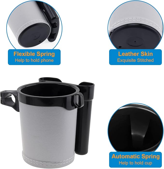 Tobefore Bike Cup Holder ABS+PU Leather with Phone Mount and Keys Hook，Adjustable Drink Holder for Bicycle Handlebar,Universal Coffee Holder for Bicycle, Wheelchair, Scooter and Walker(Black Gray)