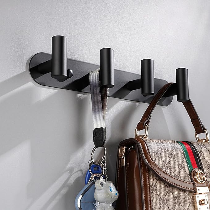 Coat Hook Rack, Wall Mounted Coat Rack with 4 Hooks, Heavy Duty Towel Hooks Rack Wall Hooks for Hanging Clothes Jacket, Stainless Steel Coat Hanger for Bathroom Entryway Mudroom(Matte Black)