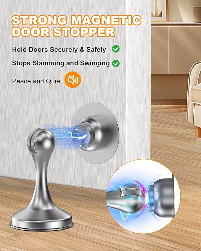 Crosize Magnetic Door Stoppers 6 Pack, Stainless Steel Door Stops for Wall and Floor Mounting, Door Holder Keep Door Open, No Drilling Door Stop with 3D Adhesive Tapes, Silver