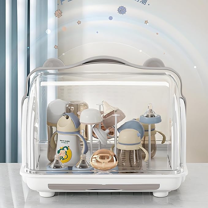 Nollapo Transparent Baby Bottle Drying Rack with Double Lid and Removable Drain Tray Dust-Proof Baby Bottle Storage Box, Space Saving Baby Bottle Rack Dryer (Blue - Large)