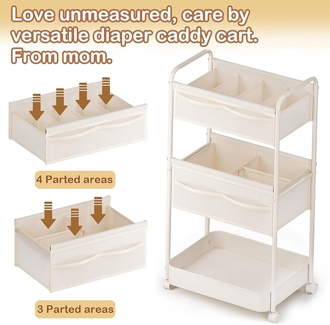 Baby Diaper Caddy, Premium Metal& Felt Movable Cart with Dividers for Newborn Nursery Essentials, Large Capacity Rolling Diaper Storage Caddy Organizer for Changing Table &Crib, Easy Assembly- Beige