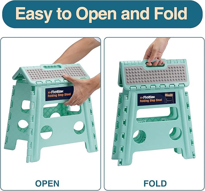 Flottian 13" Folding Step Stool for Adults and Kids Holds Up to 300 lbs,Non-Slip Folding Stools with Handle, Compact Plastic Foldable Step Stool for Bathroom,Bedroom, Kitchen,Teal,1PC