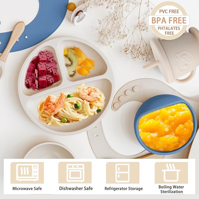 Munlinder Silicone Baby Feeding Set | Baby Led Weaning Supplies Includes Suction Bowls and Divided Plates, Adjustable Bib, Baby Utensils Spoons and Forks,Cup | Baby Feeding Essentials (Beige)
