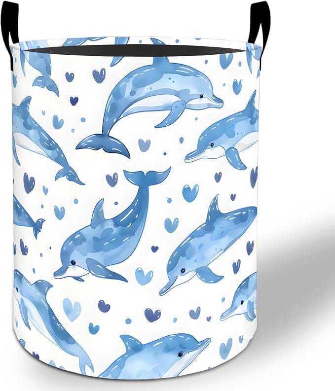 Dolphin Laundry Basket Hamper 19.7"x15.8", Blue Ocean Animal Foldable Waterproof Oxford Clothes Storage Bucket for Room Bathroom Bedroom Nursery Decor, Toy Organizer Bins Gifts for Kids Boys Girls