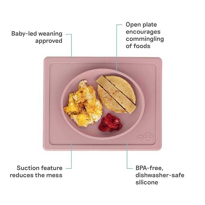 ezpz Tiny Plate (Blush) - 6 Months+ - 100% Silicone Suction Placemat + Plate for Infants - Fits on Most Highchair Trays - Baby Led Weaning Supplies