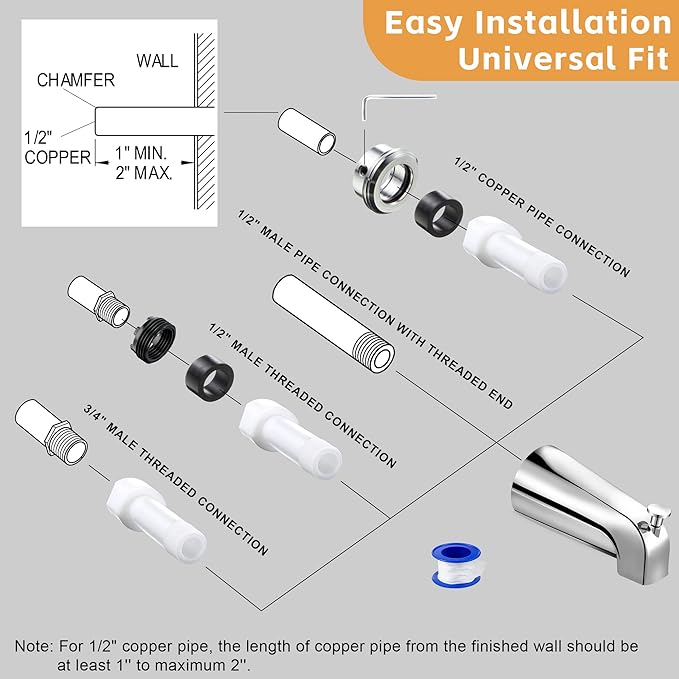 Dreyoo Tub Spout (Universal Fits 1/2" Copper Pipe, 1/2" IPS and 3/4" IPS), Bathroom Bathtub Faucet with Adapters and Hex Wrench (Chrome,Simple)