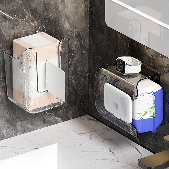 Kitchen Wipes Storage Box, 2024 New Non-Slip Flushable Wipes Holder for Bathroom Toilet, Wall-Mounted Clear Wet Tissue Dispenser Container Box No Punching Refillable Keeps Baby Wipes Fresh Case