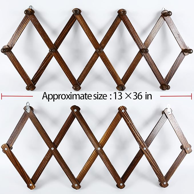 AMAPON Accordion Style Expandable Wall Wooden Coat Rack 13 Hooks (Pegs) Hang Hats Jackets Coffee Mug Purses Necklaces Towels Cap Leash Scarves Data Line Kitchenware (Walnut 2 Packs)