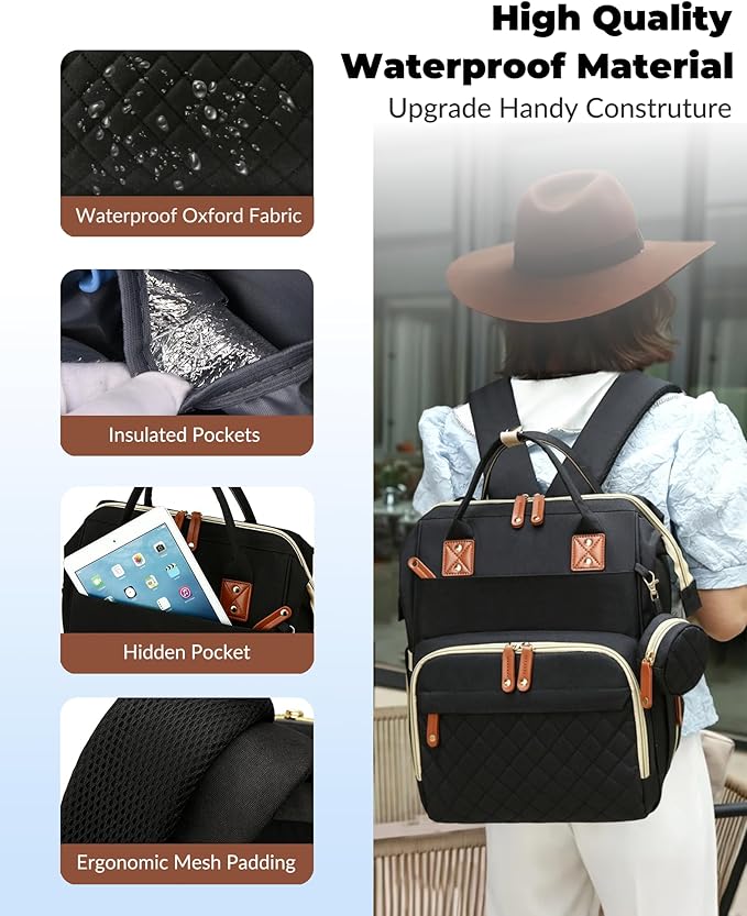 Lamroro Diaper Bag with Changing Station, Waterproof 3 in 1 Baby Diaper Backpack with Foldable Changing Pad, Large Travel Back Pack for Baby Girl Boy, Baby essentials, Black