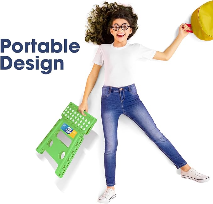 Korpai 13" Folding Step Stool for Adults and Kids Holds Up to 300 lbs,Non-Slip Folding Stools with Portable Handle, Compact Plastic Foldable Step Stool for Bathroom,Bedroom, Kitchen,Green,1PC
